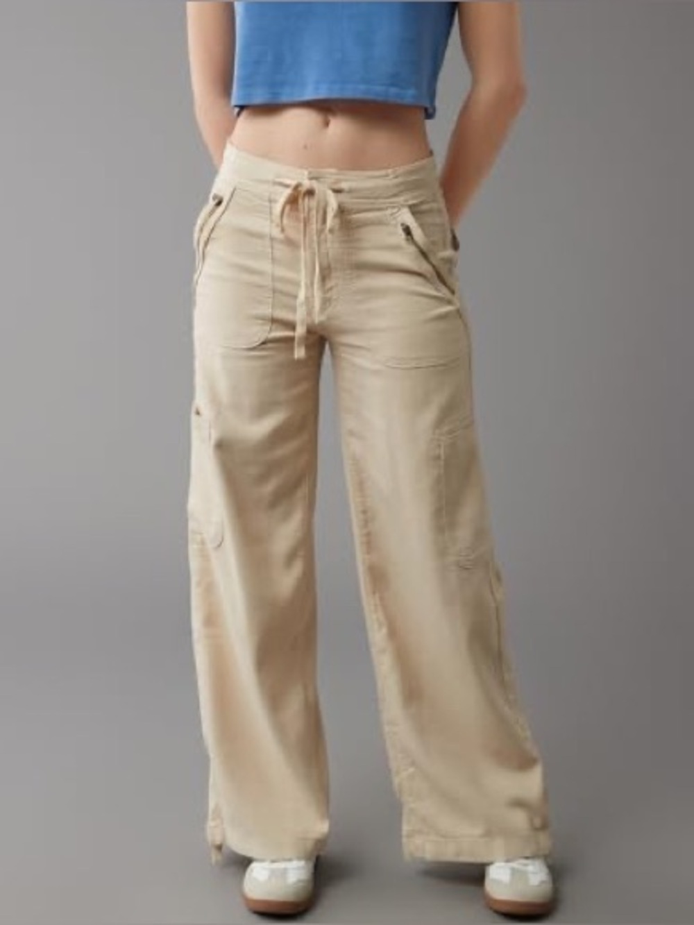 American Eagle Outfitters Tan Dreamy Drape Baggy Wide Leg Cargo Drawstring Pants